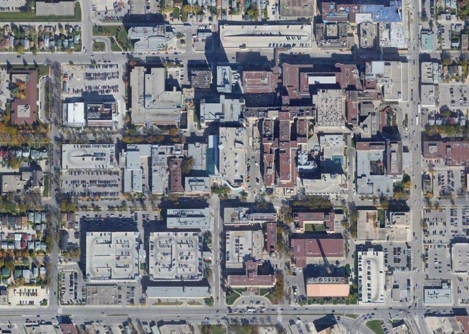 aerial view of Health Science Centre in Winnipeg, Manitoba, Canada