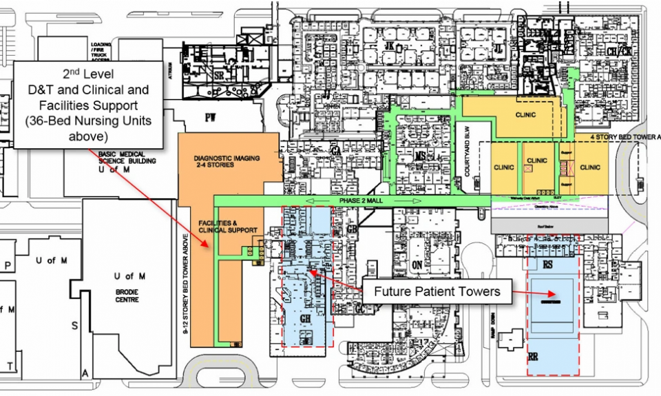 2nd level floorplan for Health Science Centre, Winnipeg, Manitoba, Canada