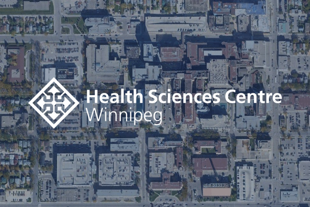 aerial view of building overlaid with Health Sciences Centre Winnipeg logo