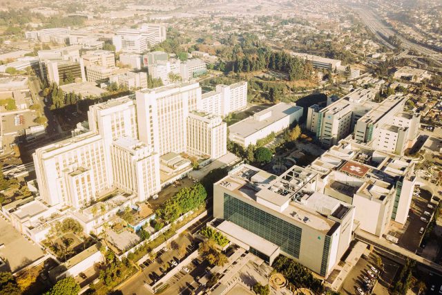 aerial view of large hospital facility